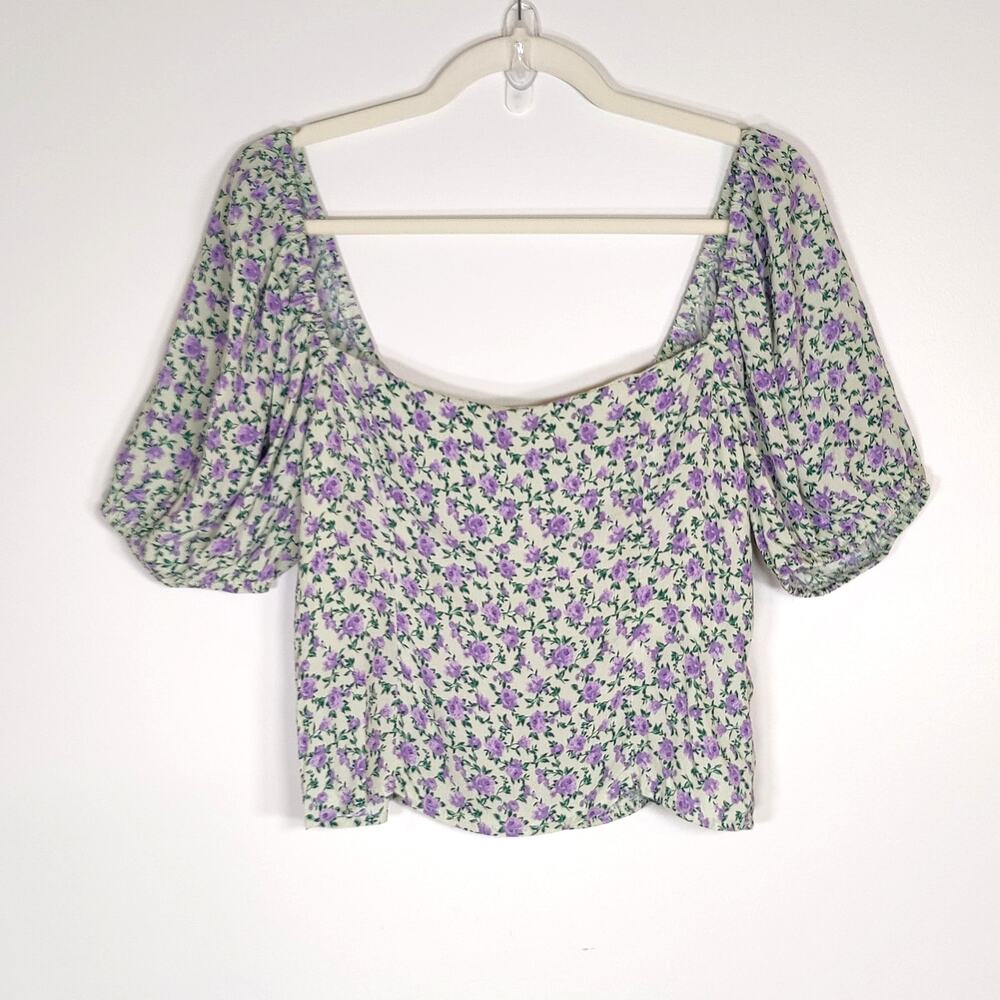 Floral Peasant Top Puff Sleeve Smocked Green Purple XL Coquette Romantic